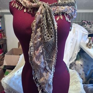 Elegant Lace Trimmed Scarf with a rose for a touch of class- a beige colour